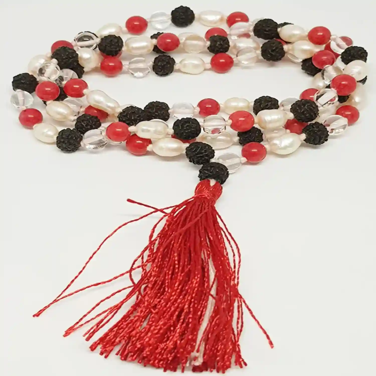 Black Rudraksha Sphatik Mala with Moonga and White Pearl Beads