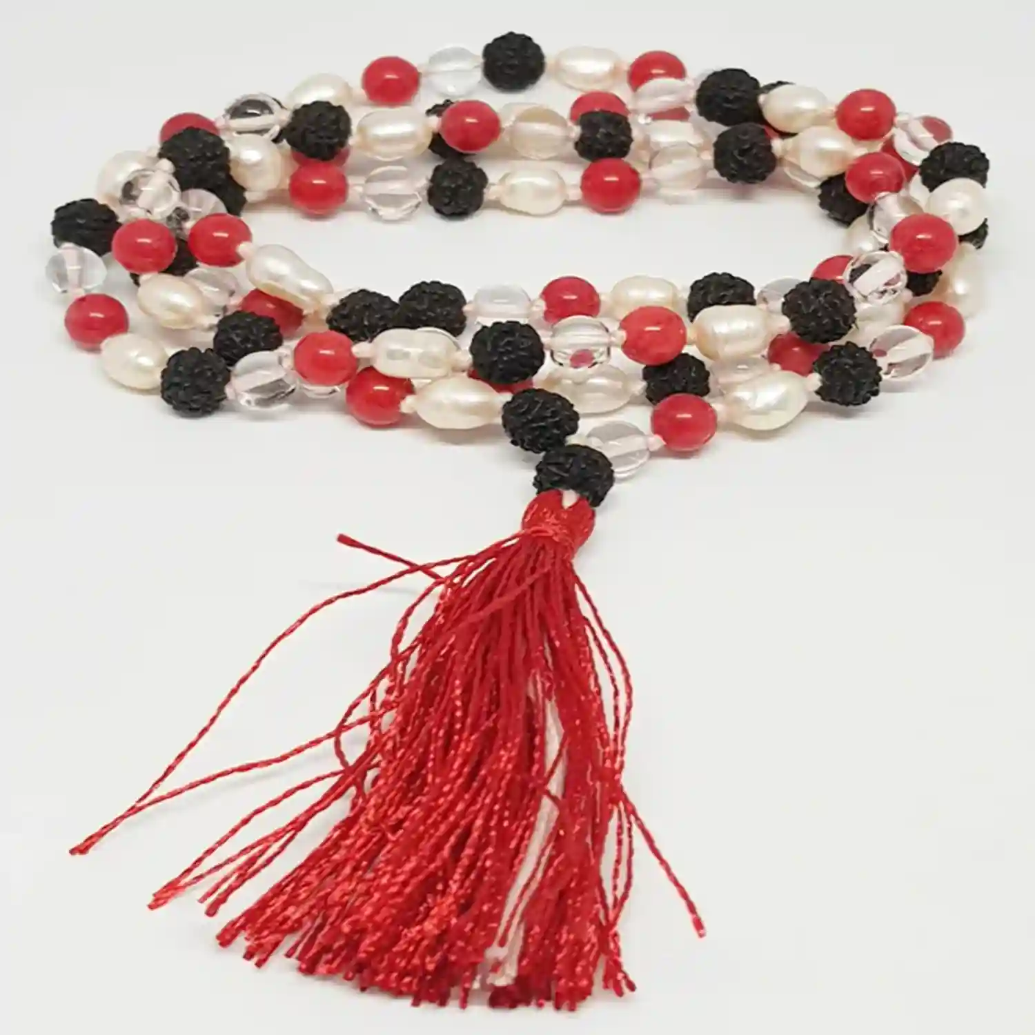 Black Rudraksha Sphatik Mala with Moonga and White Pearl Beads