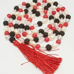 Black Rudraksha Sphatik Mala with Moonga and White Pearl Beads