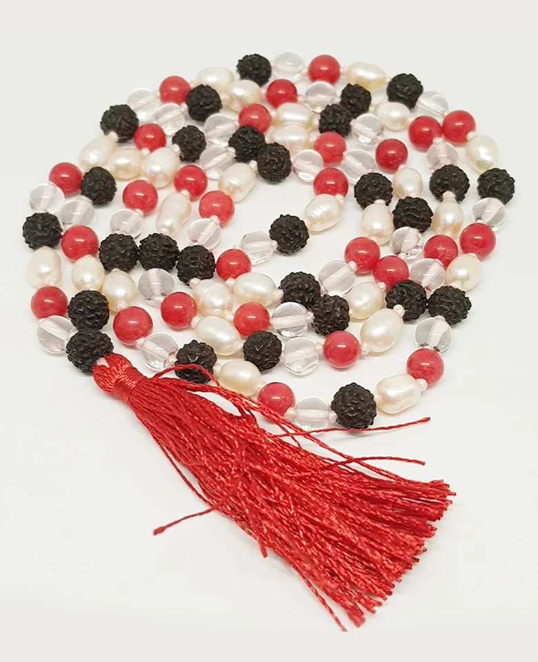 Black Rudraksha Sphatik Mala with Moonga and White Pearl Beads