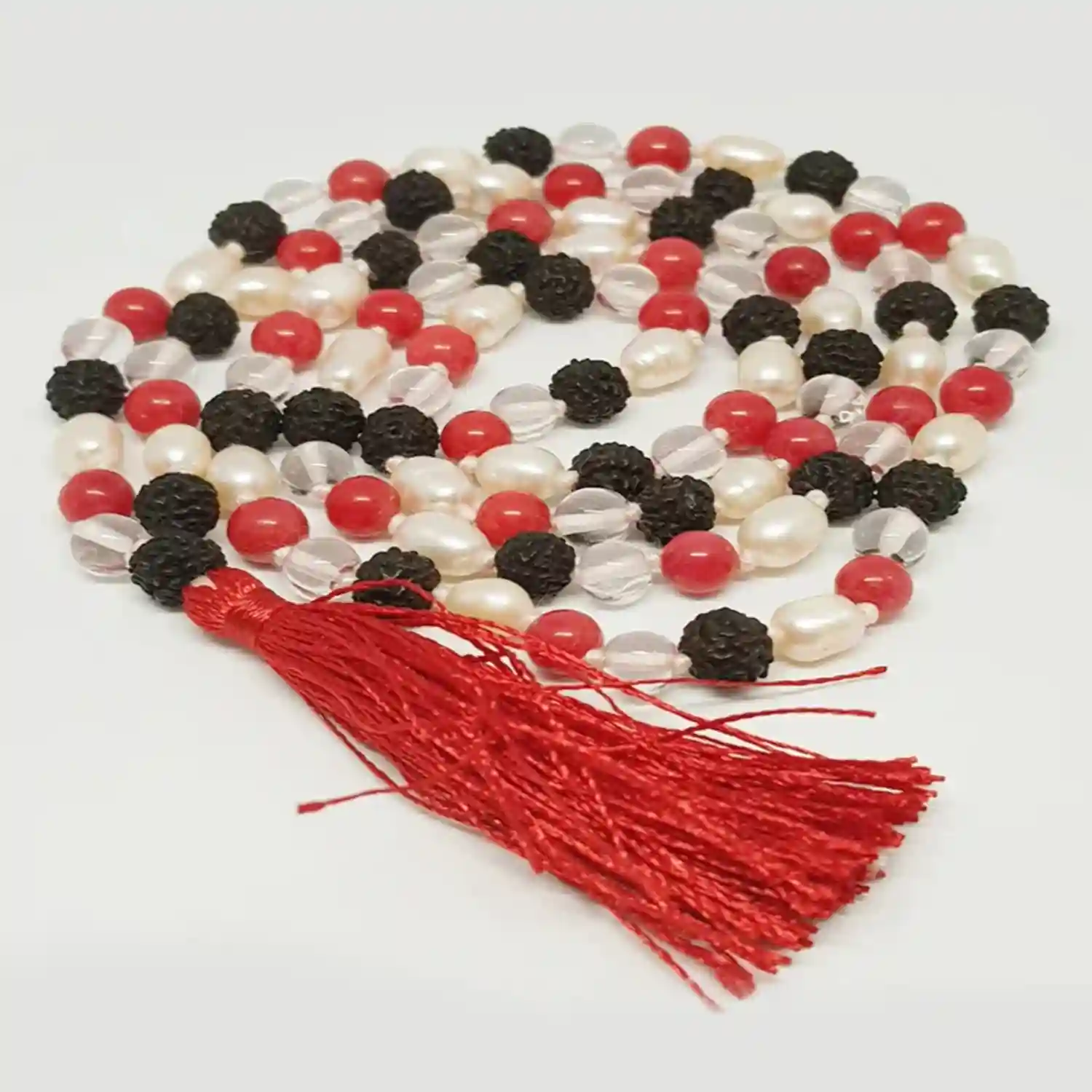 Black Rudraksha Sphatik Mala with Moonga and White Pearl Beads