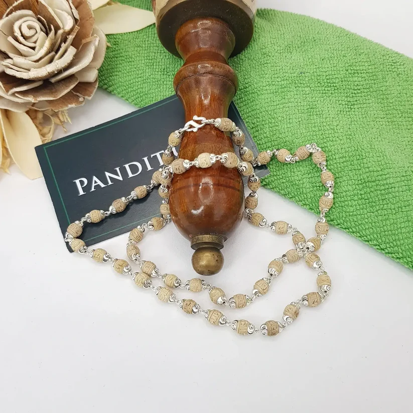 Radha Name Tulsi Mala with Silver Capping