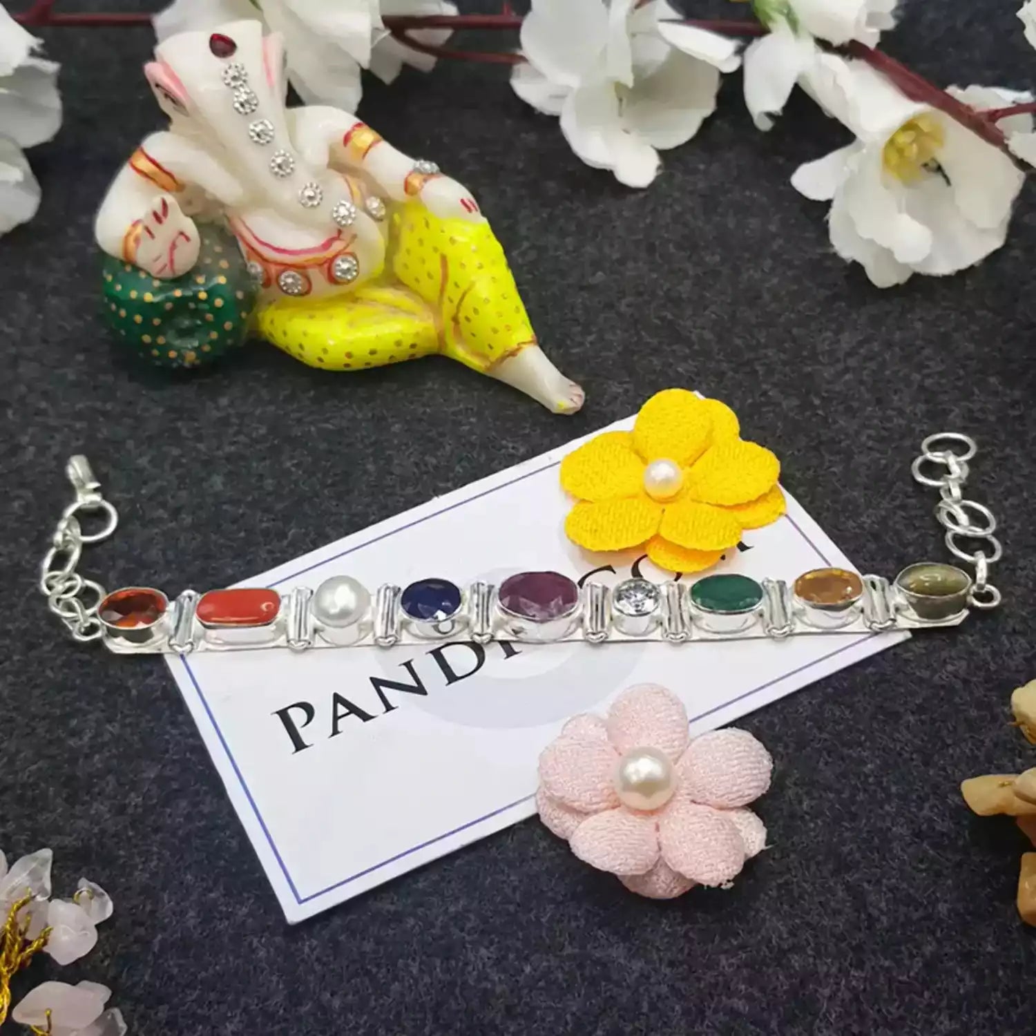 Real Navratna Gemstones Bracelet in Silver - For Soul Cleansing