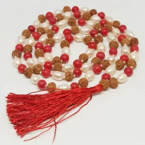 Rudraksha Mala with Moonga & White Pearl Beads - To Charm Luck
