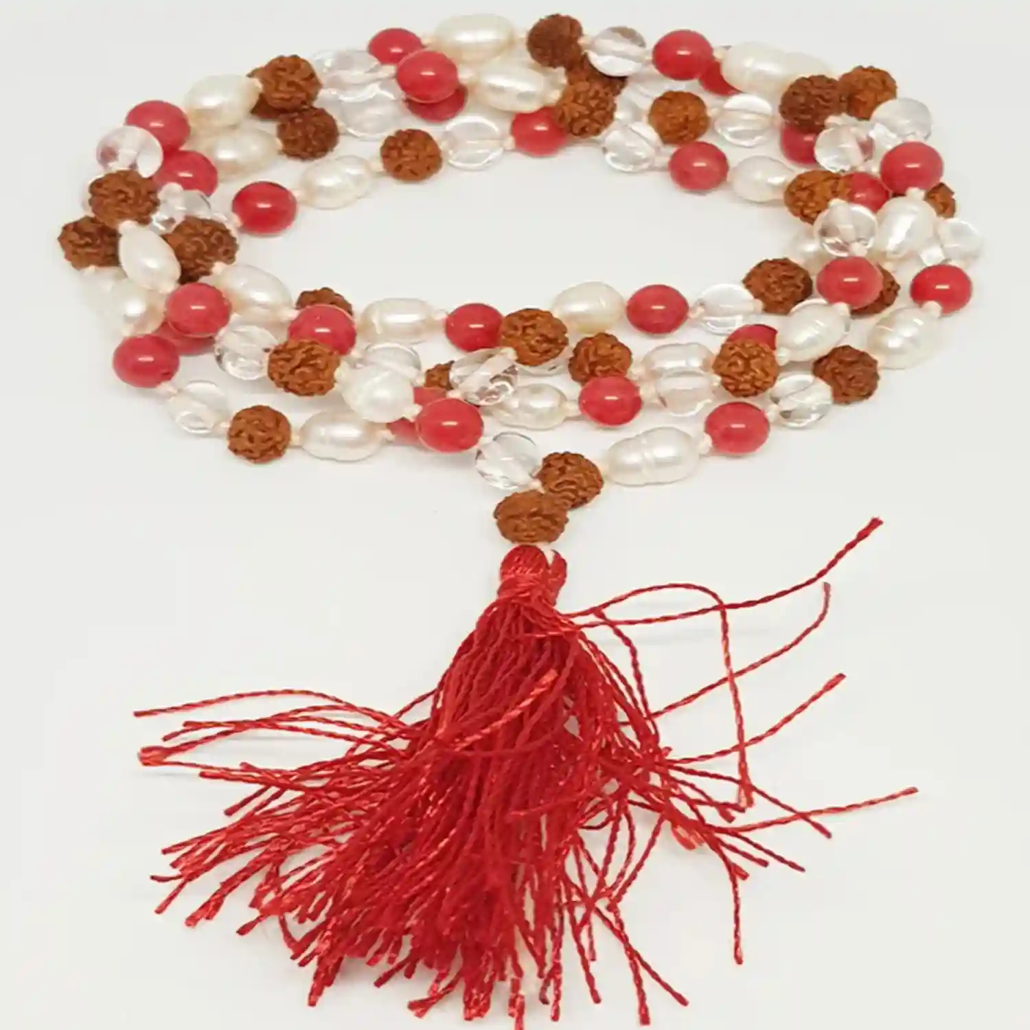 Rudraksha Sphatik Mala with Moonga and White Pearl Beads