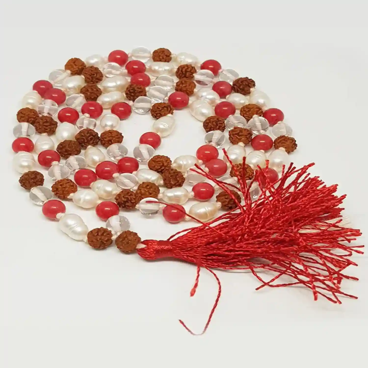 Rudraksha Sphatik Mala with Moonga and White Pearl Beads