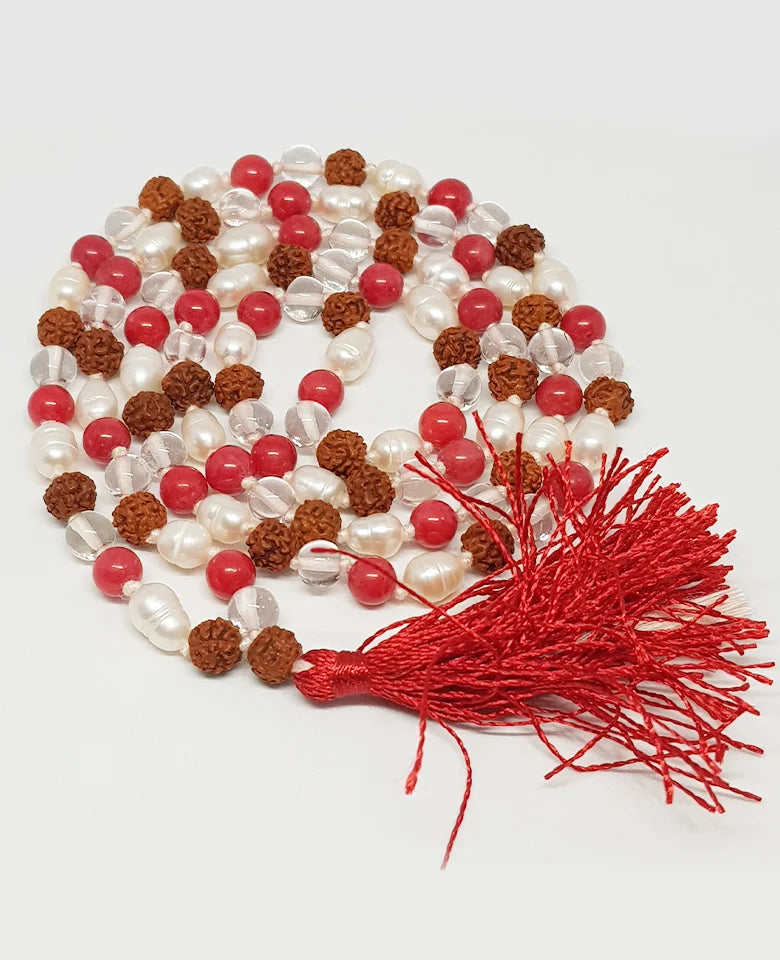 Rudraksha Sphatik Mala with Moonga and White Pearl Beads
