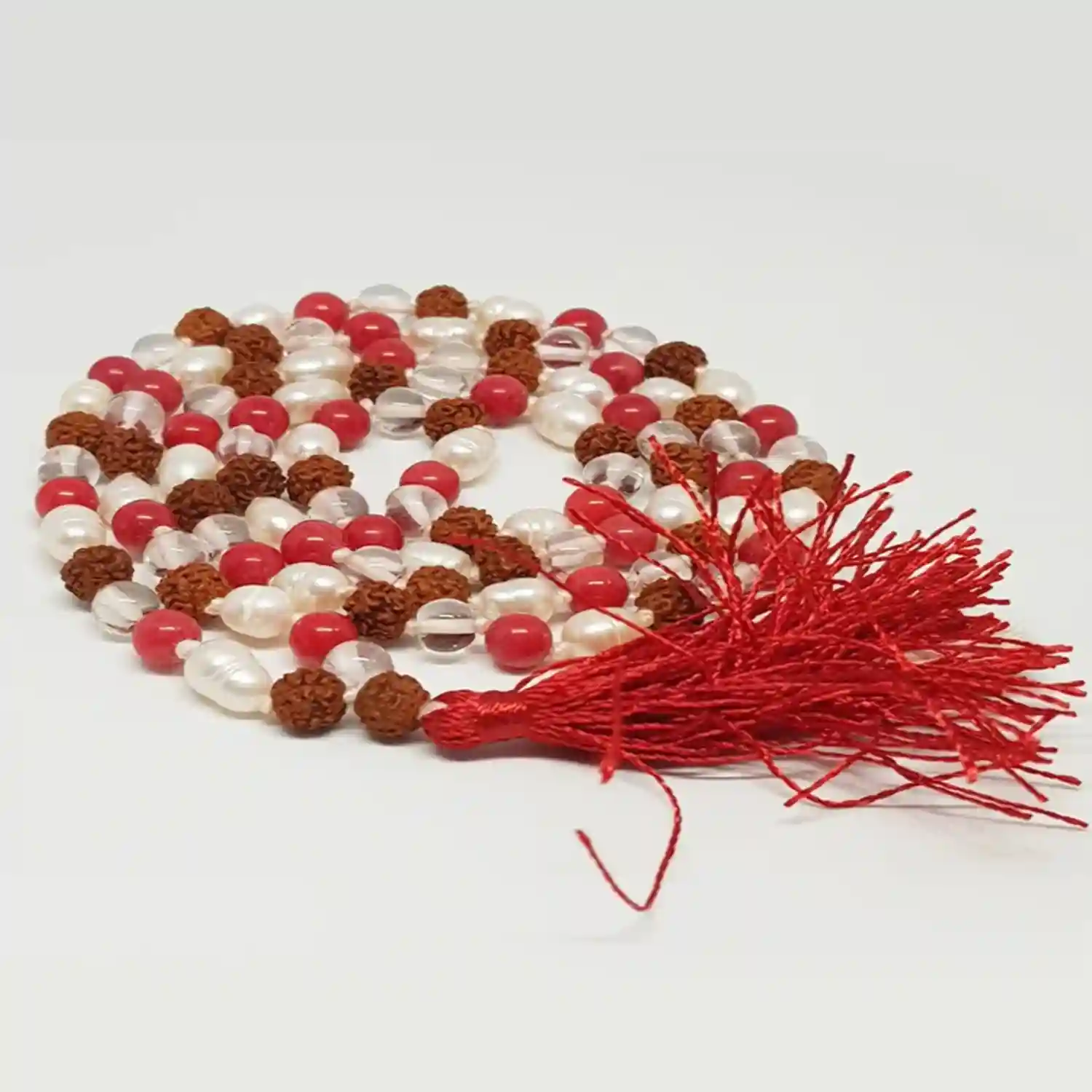 Rudraksha Sphatik Mala with Moonga and White Pearl Beads